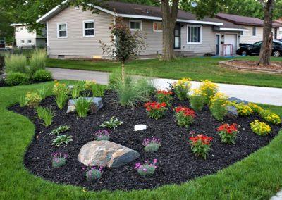 A medium landscape bed filled with fresh black mulch and purple, red, and yellow flowers