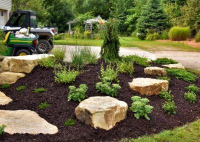 A large landscape bed filled with black mulch, small shrubs, and decorative boulders